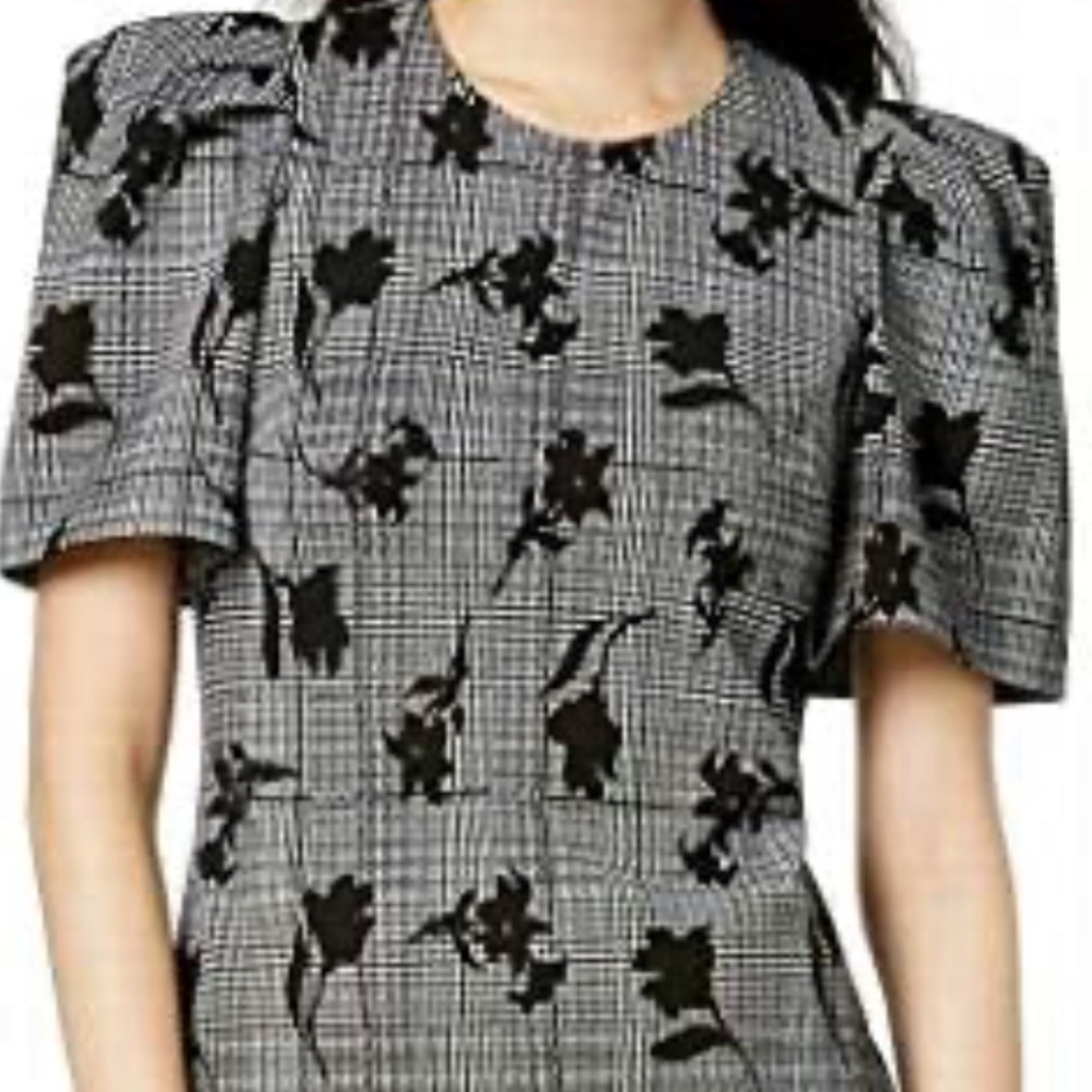Calvin Klein Black and White Plaid Floral Puff-Sleeve Dress